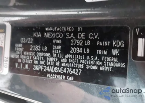 2022 Kia Forte Lxs из США, поврежденный, VIN 3KPF24AD8NE476427